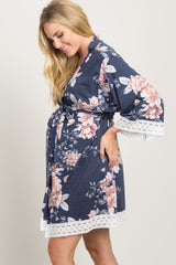 PinkBlush Navy Faded Floral Lace Trim Maternity Delivery/Nursing Robe