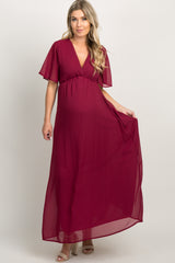 Burgundy Chiffon Bell Sleeve Maternity Maxi Dress