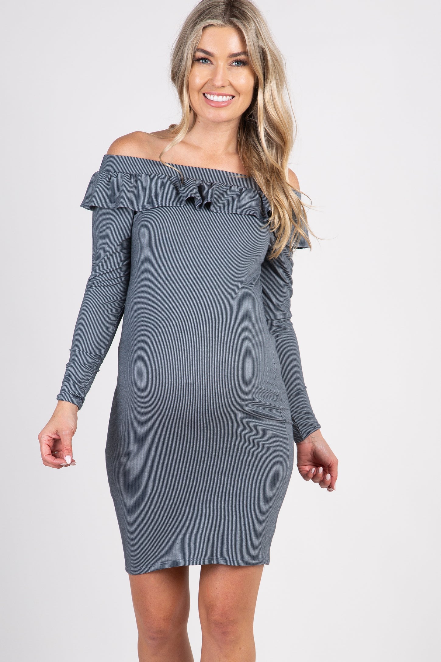 Charcoal Pinstriped Off Shoulder Ruffle Accent Maternity Dress