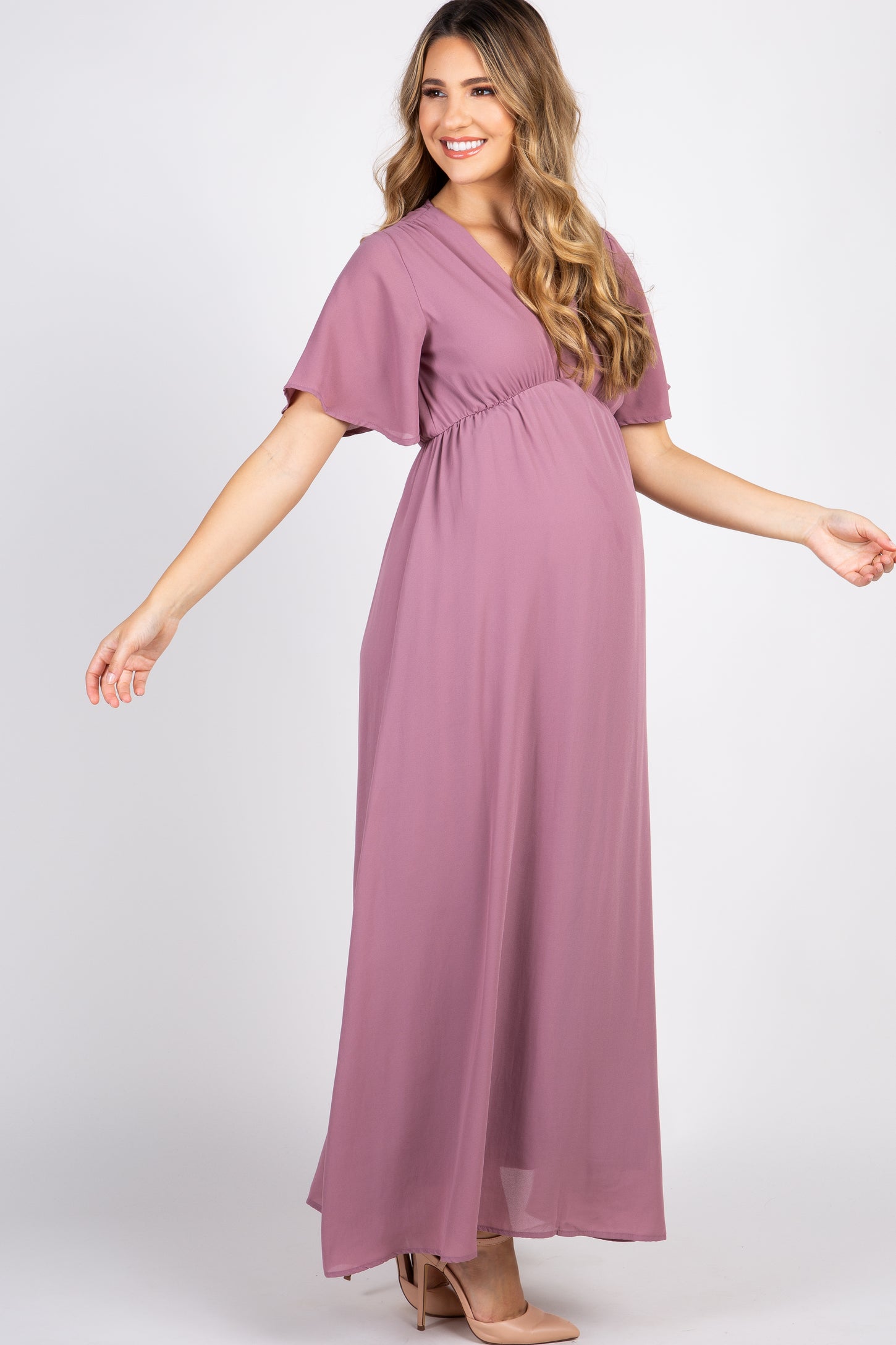 Dark Mauve Chiffon Bell Sleeve Maternity Maxi Dress