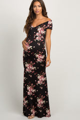 Black Floral Off Shoulder Wrap Maternity Photoshoot Gown/Dress
