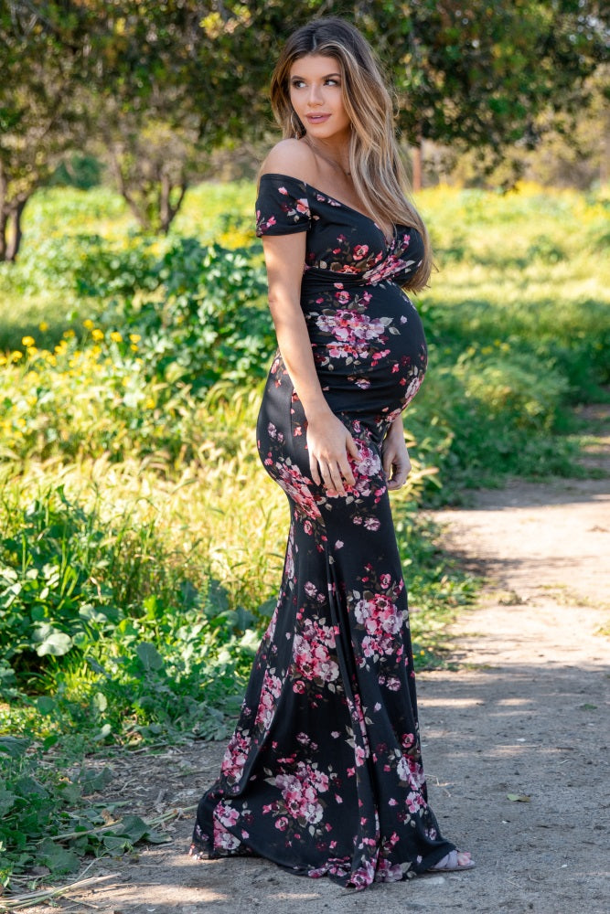 Black Floral Off Shoulder Wrap Maternity Photoshoot Gown/Dress