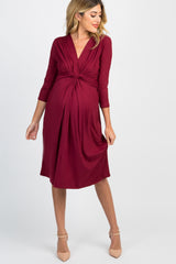 Burgundy Twist Front 3/4 Sleeve Maternity Dress