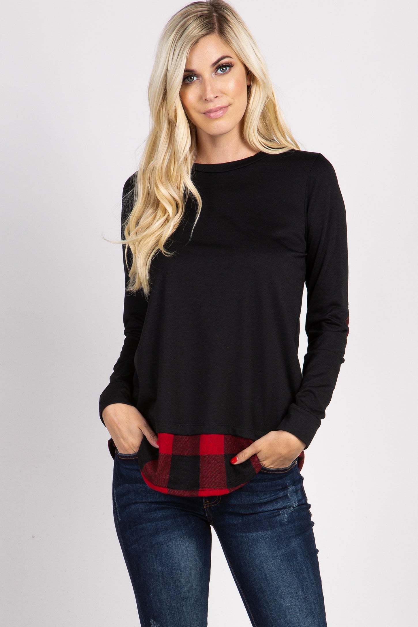 PinkBlush Black Solid Plaid Accent Long Sleeve Top