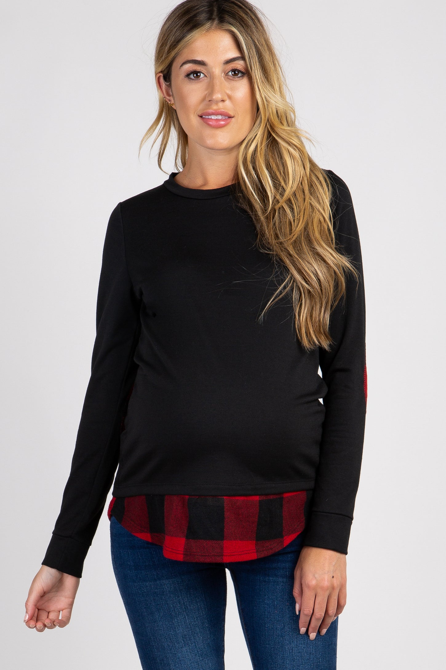 PinkBlush Black Solid Plaid Accent Long Sleeve Maternity Top