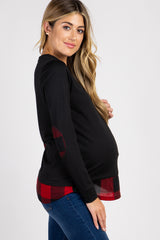 PinkBlush Black Solid Plaid Accent Long Sleeve Maternity Top