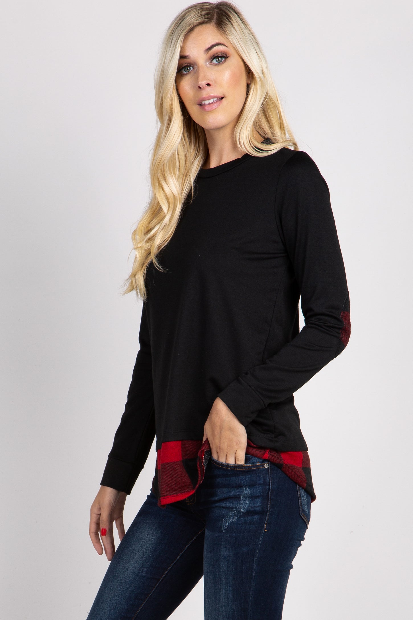 PinkBlush Black Solid Plaid Accent Long Sleeve Top