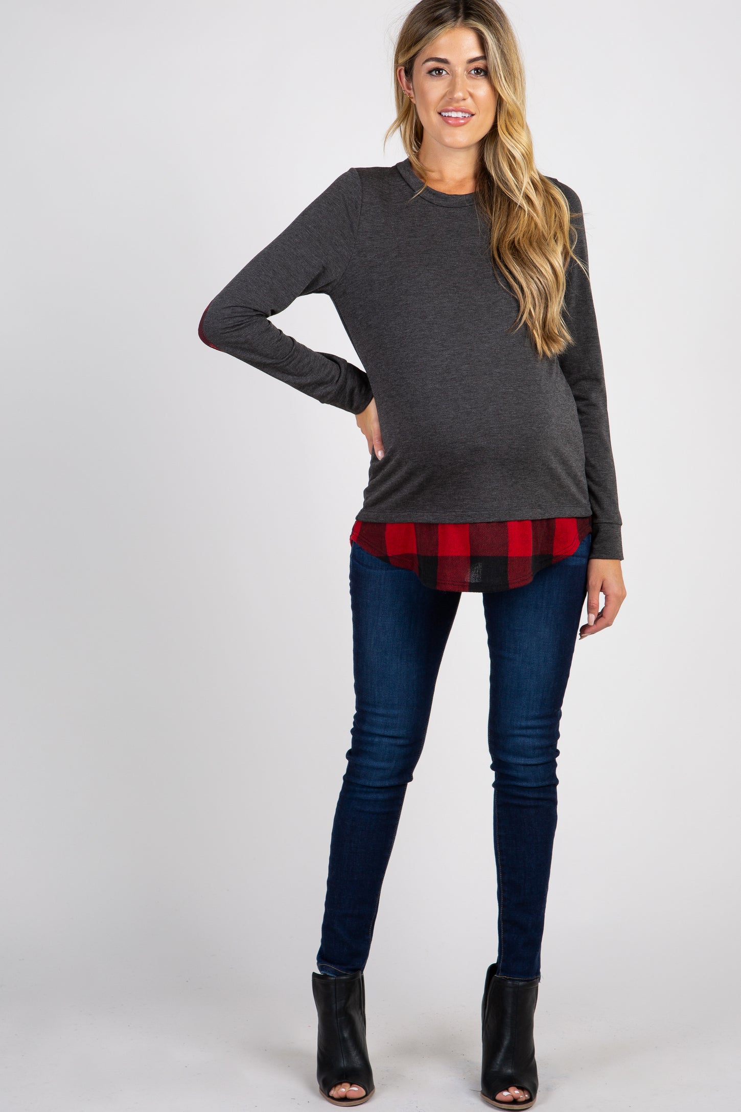 PinkBlush Charcoal Grey Solid Plaid Accent Long Sleeve Maternity Top