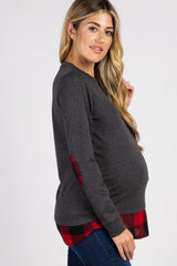 PinkBlush Charcoal Grey Solid Plaid Accent Long Sleeve Maternity Top