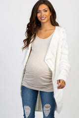 White Fuzzy Ribbed Knit Draped Maternity Cardigan