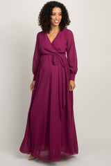 Magenta Chiffon Long Sleeve Pleated Maternity Maxi Dress