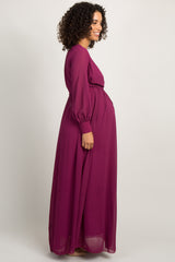 Magenta Chiffon Long Sleeve Pleated Maternity Maxi Dress