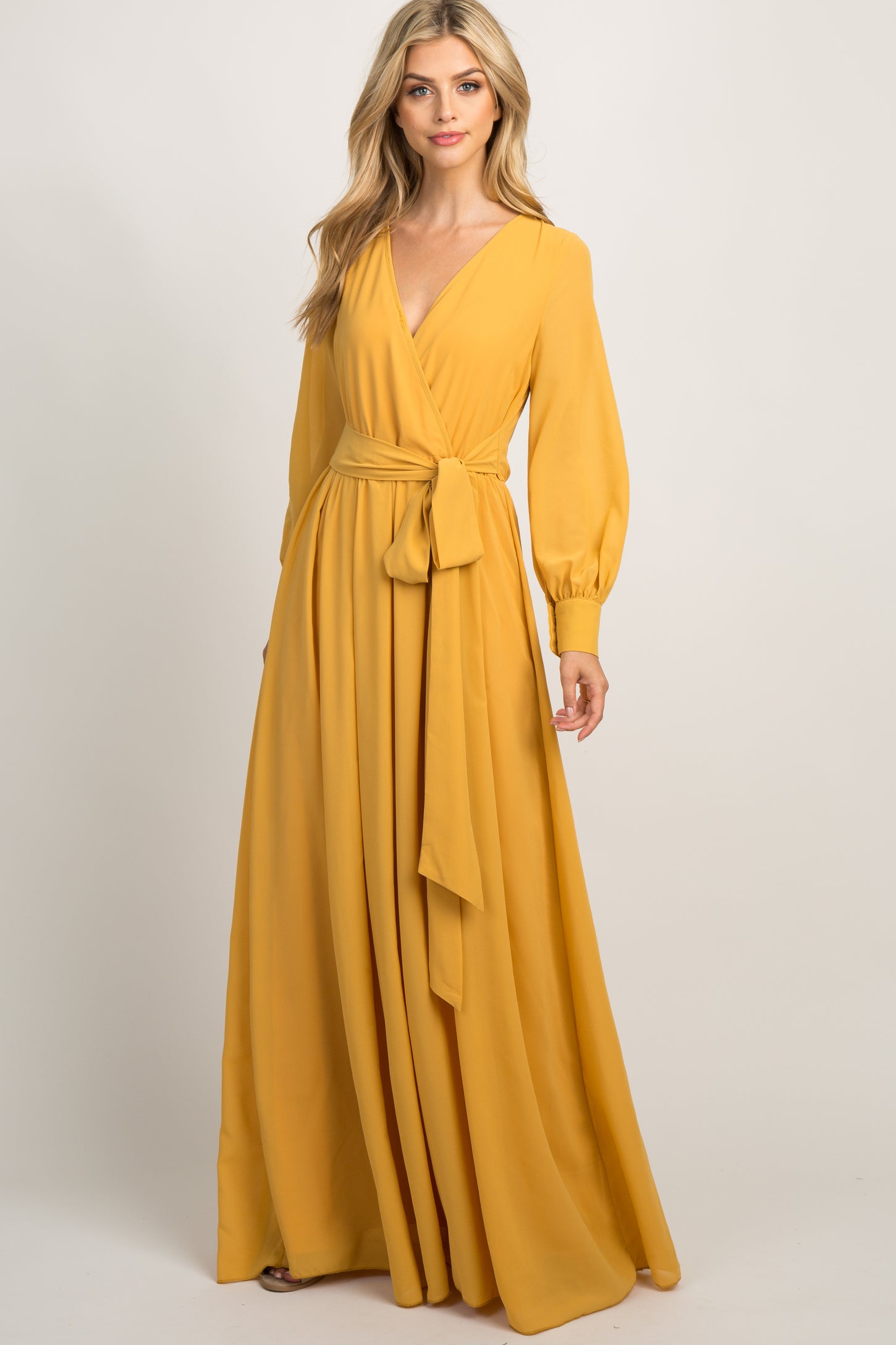 Yellow Chiffon Long Sleeve Pleated Maxi Dress
