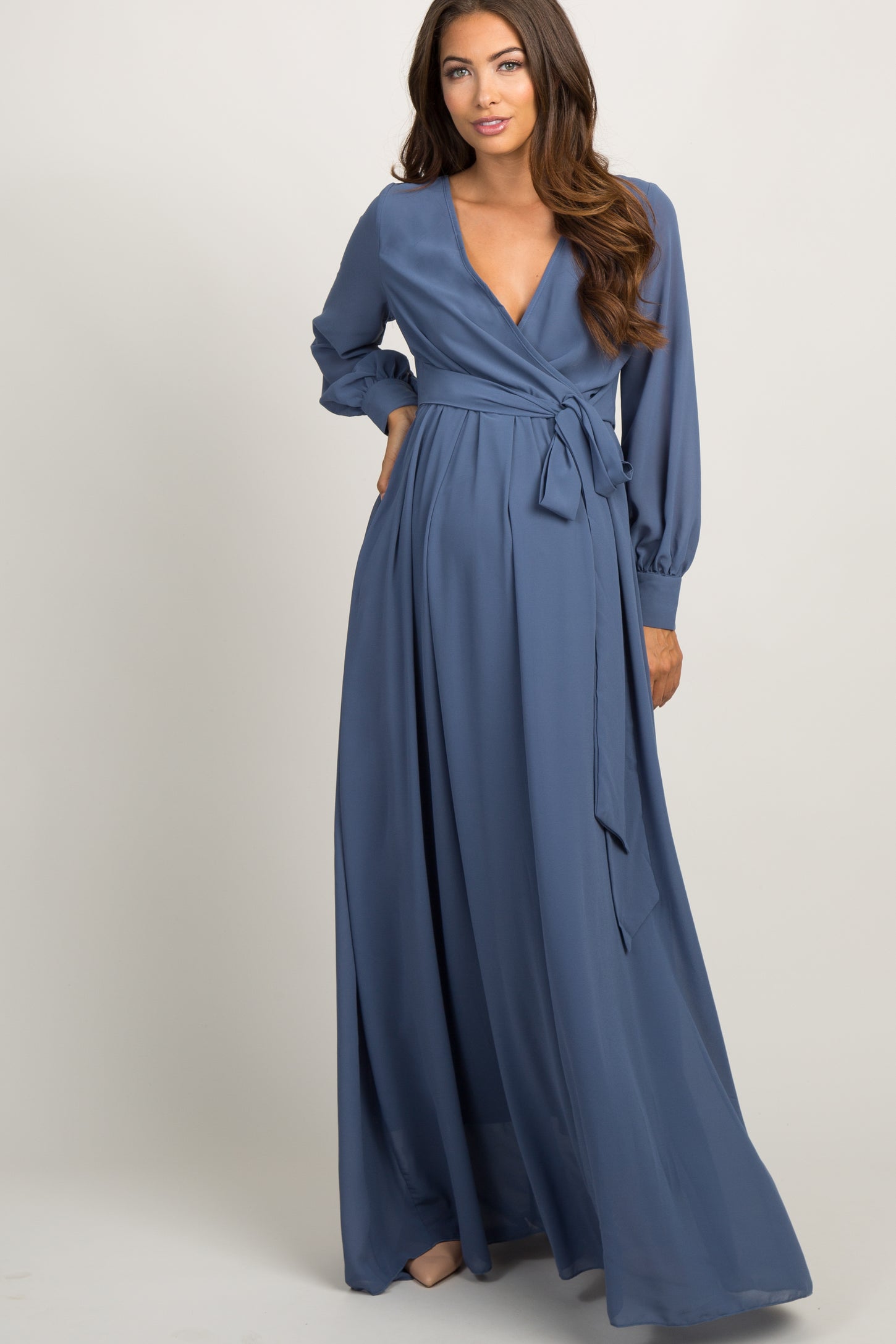 Blue Chiffon Long Sleeve Pleated Maternity Maxi Dress