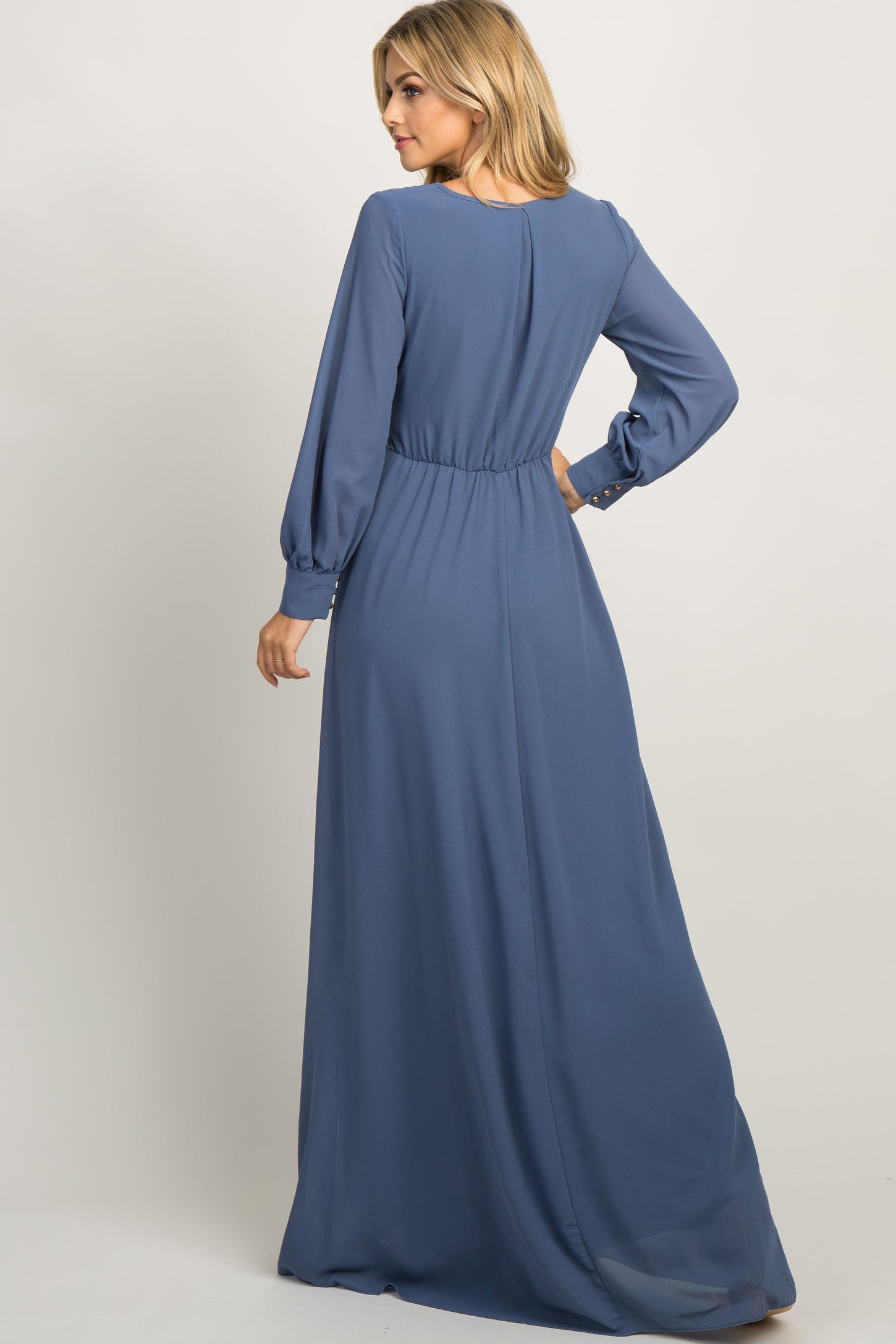Blue Chiffon Long Sleeve Pleated Maxi Dress