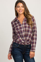 Plum Plaid Knotted Front Top