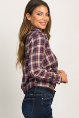Plum Plaid Knotted Front Top