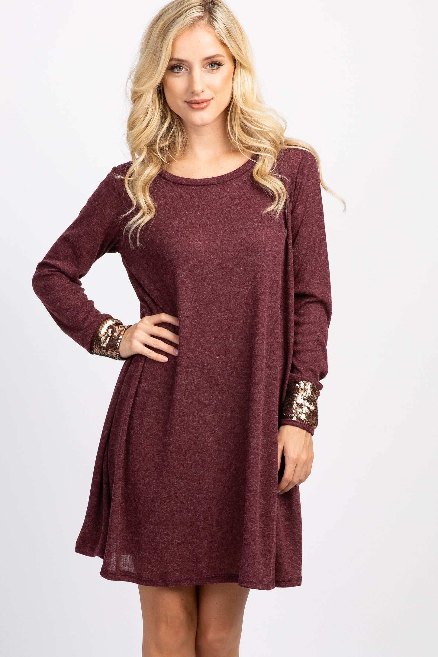 Burgundy Long Sleeve Sequin Dress