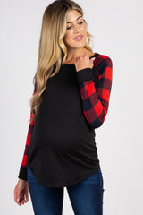 PinkBlush Red Solid Long Plaid Sleeve Maternity Top