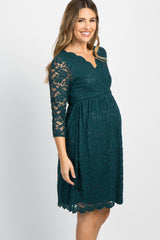 Forest Green Lace Overlay Maternity Wrap Dress