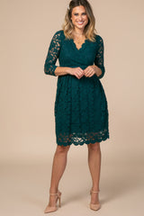 Forest Green Lace Overlay Wrap Dress