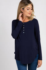 Navy Solid Button Accent Long Sleeve Maternity Top