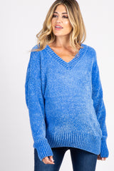 Blue Chenille Knit V-Neck Maternity Sweater