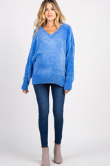 Blue Chenille Knit V-Neck Maternity Sweater