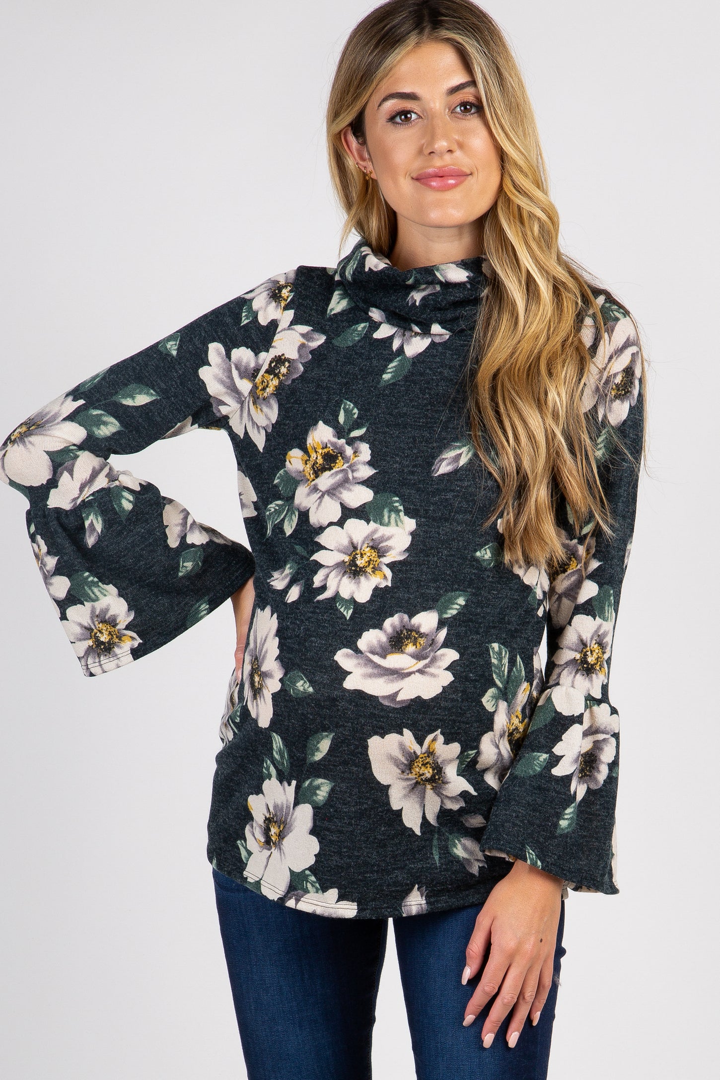 Green Floral Cowl Neck Ruffle Sleeve Maternity Top
