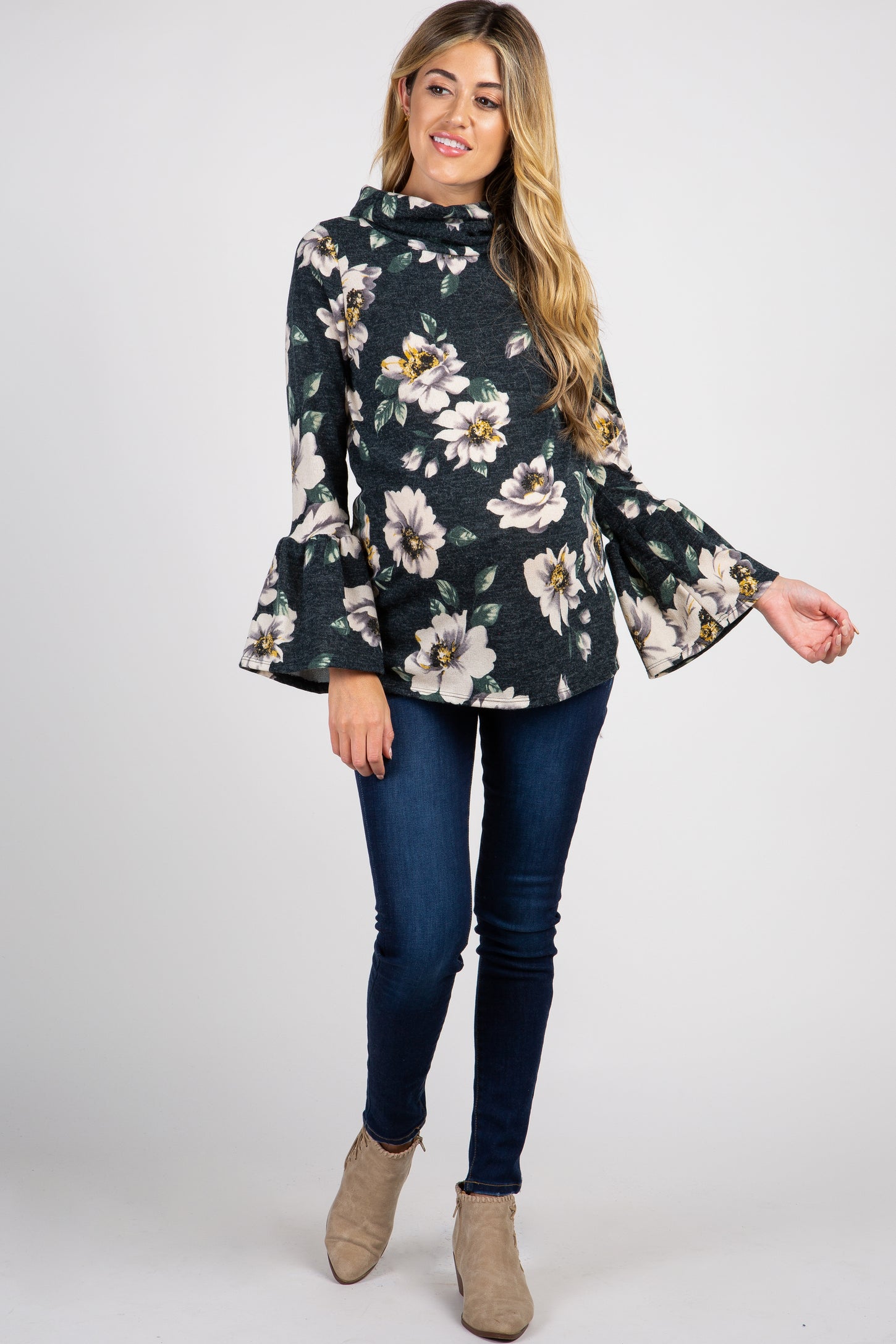 Green Floral Cowl Neck Ruffle Sleeve Maternity Top