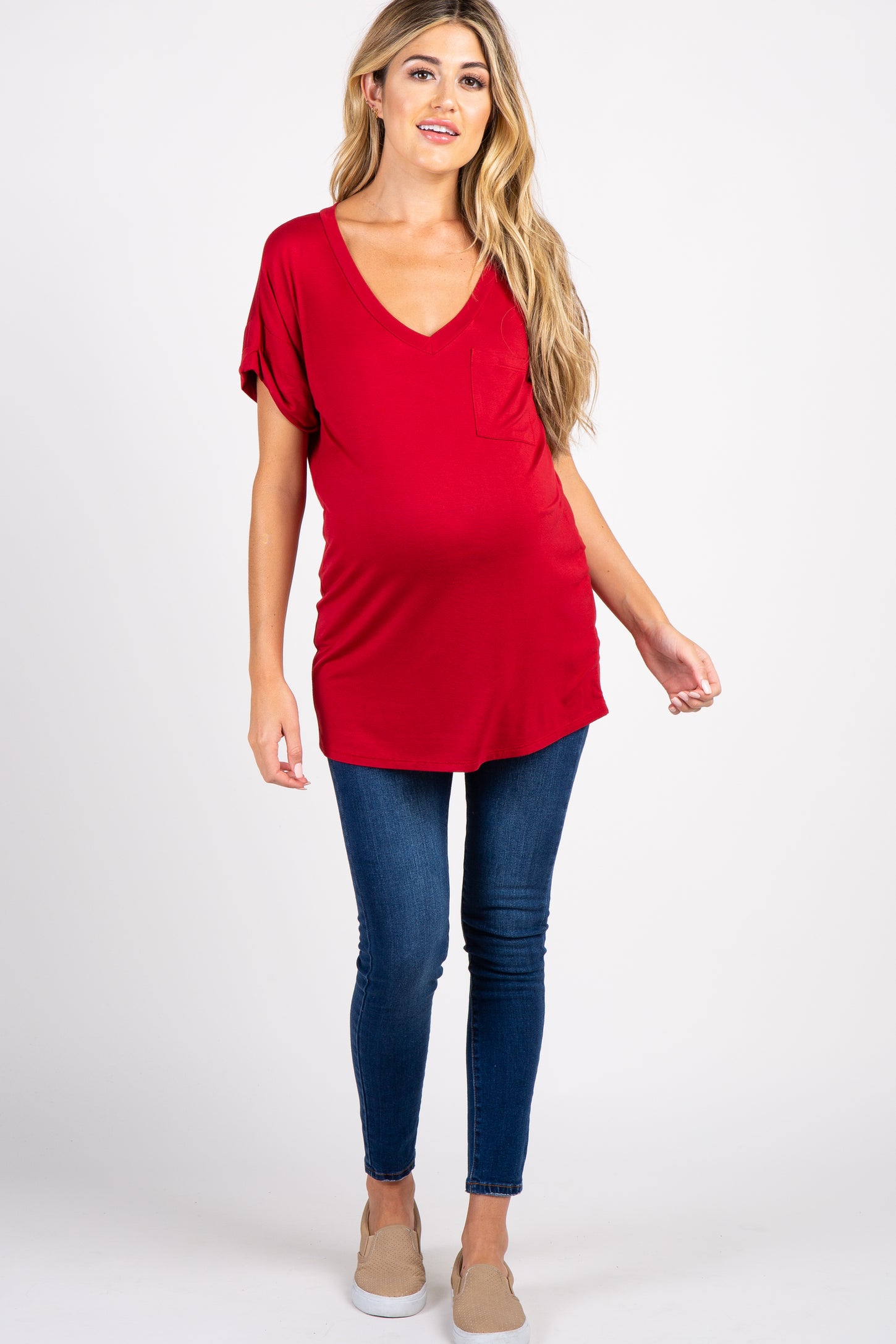 Red Solid Pocket Front Maternity Top