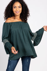 Forest Green Embroidered Sleeve Off Shoulder Maternity Top