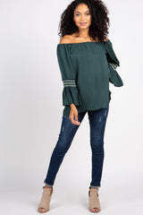 Forest Green Embroidered Sleeve Off Shoulder Top