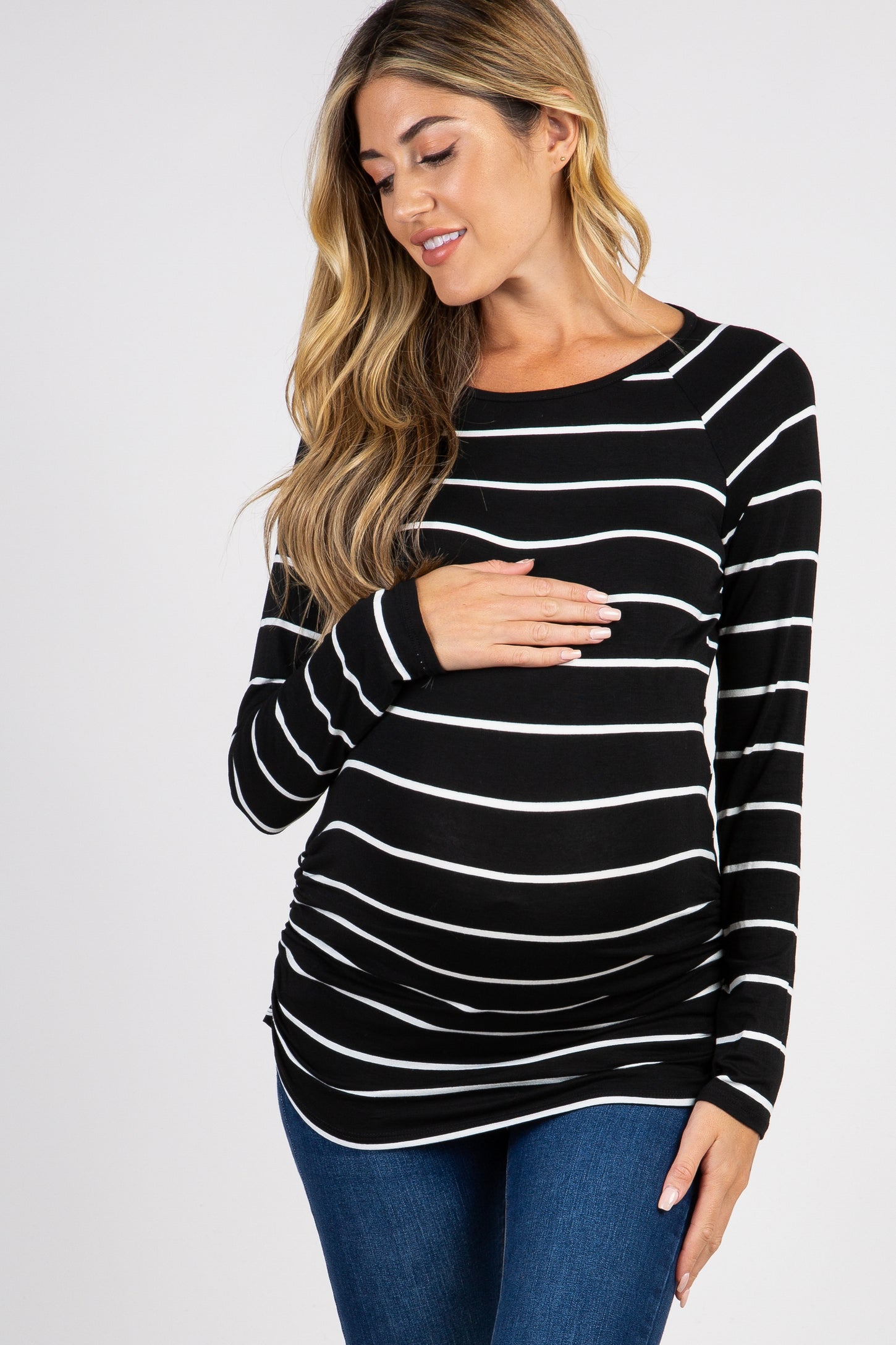 Black Striped Ruched Maternity Top