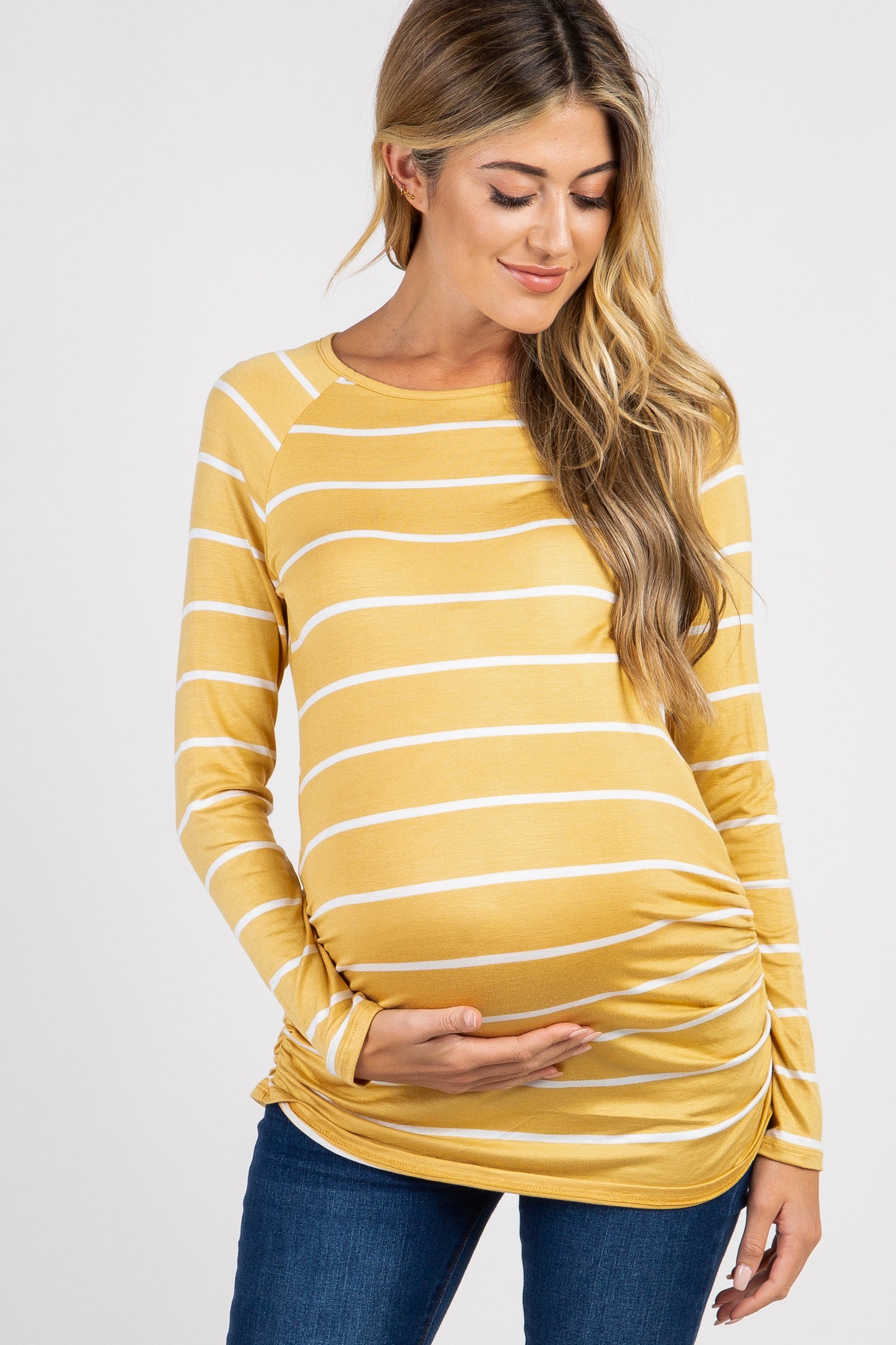 Mustard Striped Ruched Maternity Top