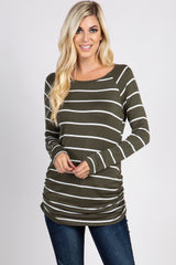Olive Striped Ruched Top