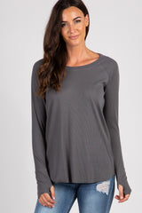 Charcoal Grey Solid Ribbed Long Sleeve Maternity Top