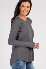 Charcoal Grey Solid Ribbed Long Sleeve Top
