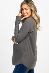 Charcoal Grey Solid Ribbed Long Sleeve Maternity Top