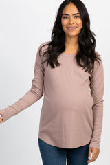 Mocha Solid Ribbed Long Sleeve Maternity Top