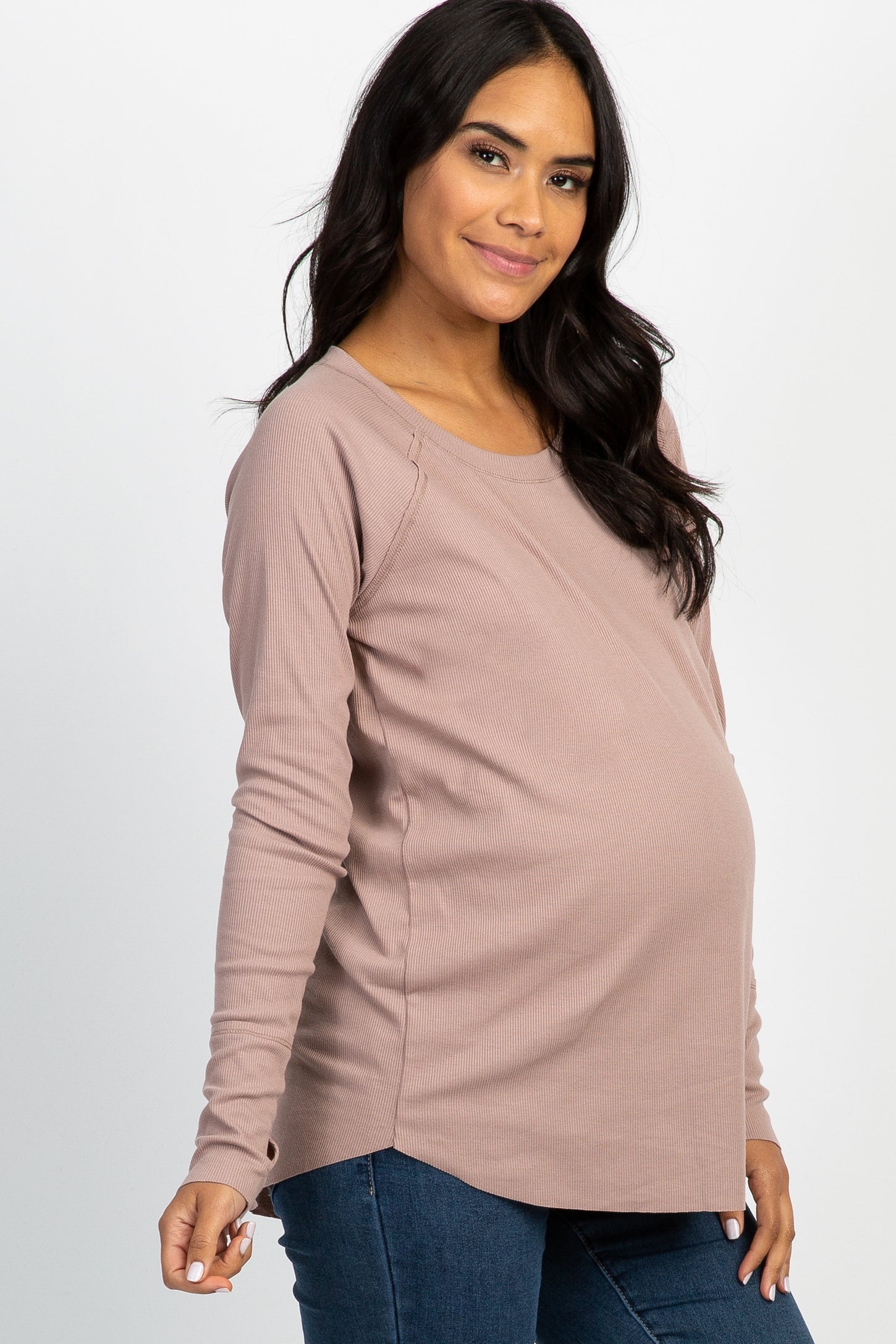 Mocha Solid Ribbed Long Sleeve Maternity Top