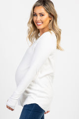 White Solid Ribbed Long Sleeve Maternity Top