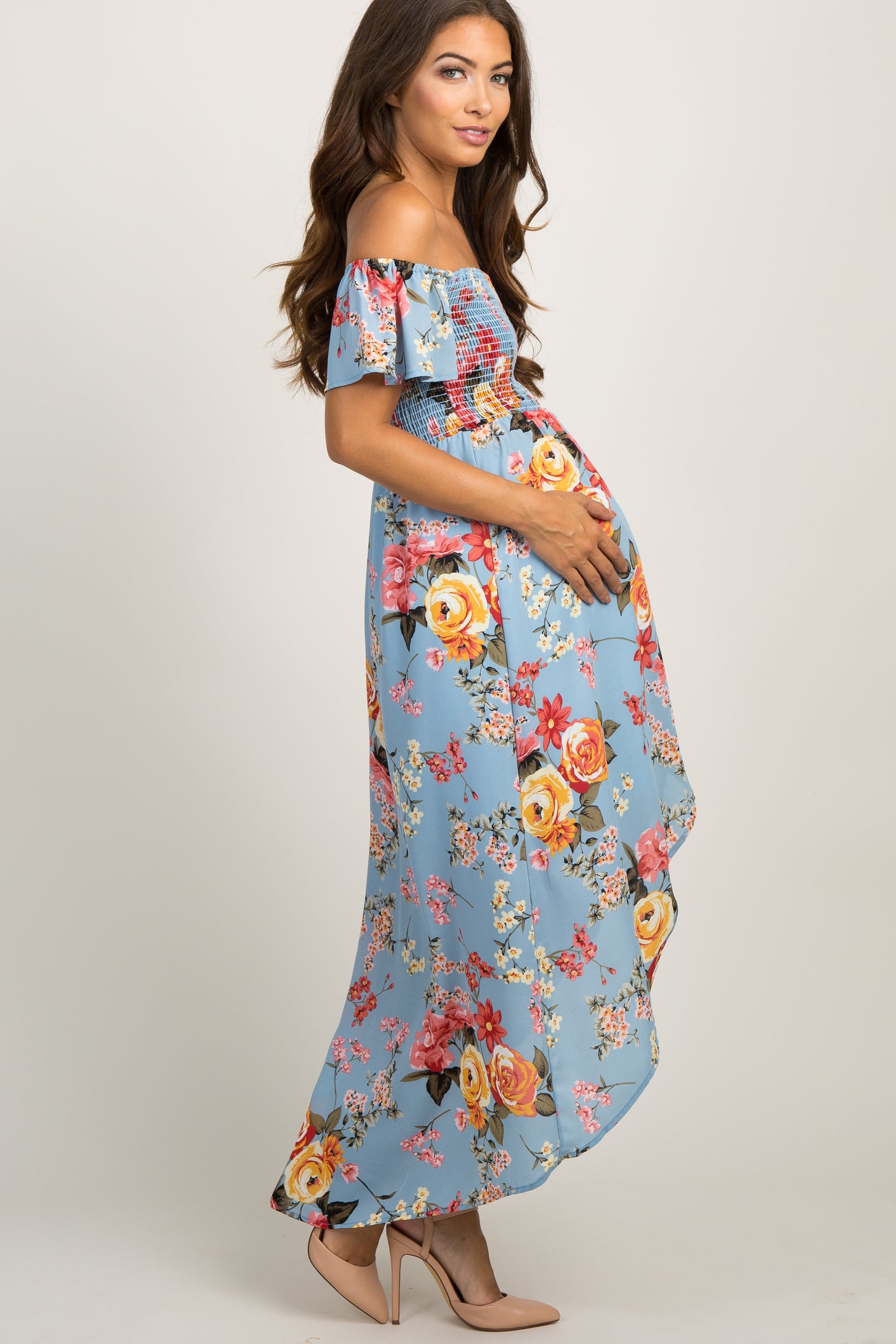 Light Blue Floral Off Shoulder Smocked Maternity Wrap Dress