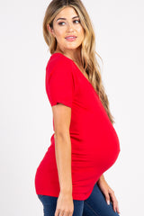Red Basic V-Neck Maternity Top