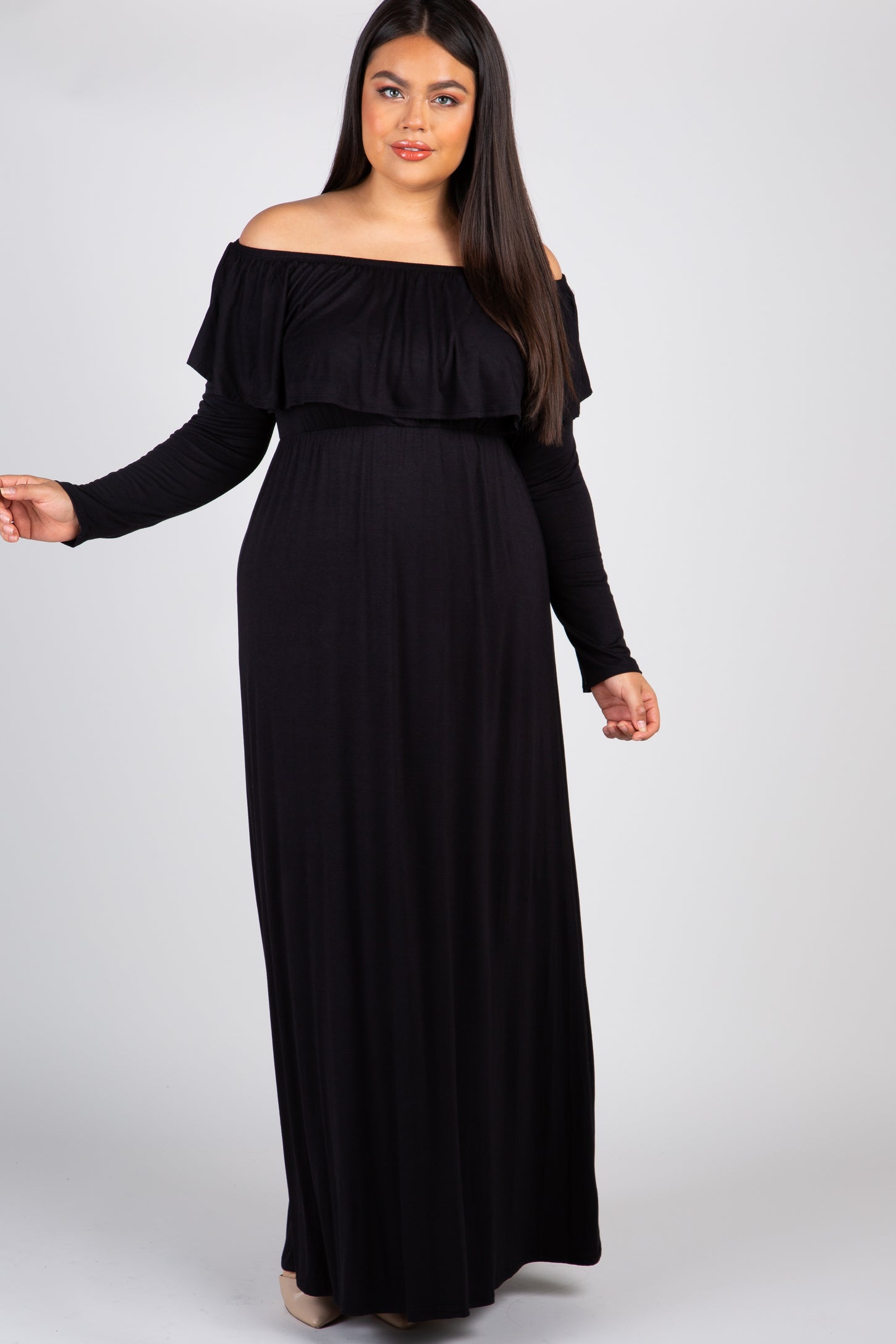Black Solid Off Shoulder Ruffle Maternity Plus Maxi Dress