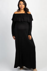 Black Solid Off Shoulder Ruffle Maternity Plus Maxi Dress