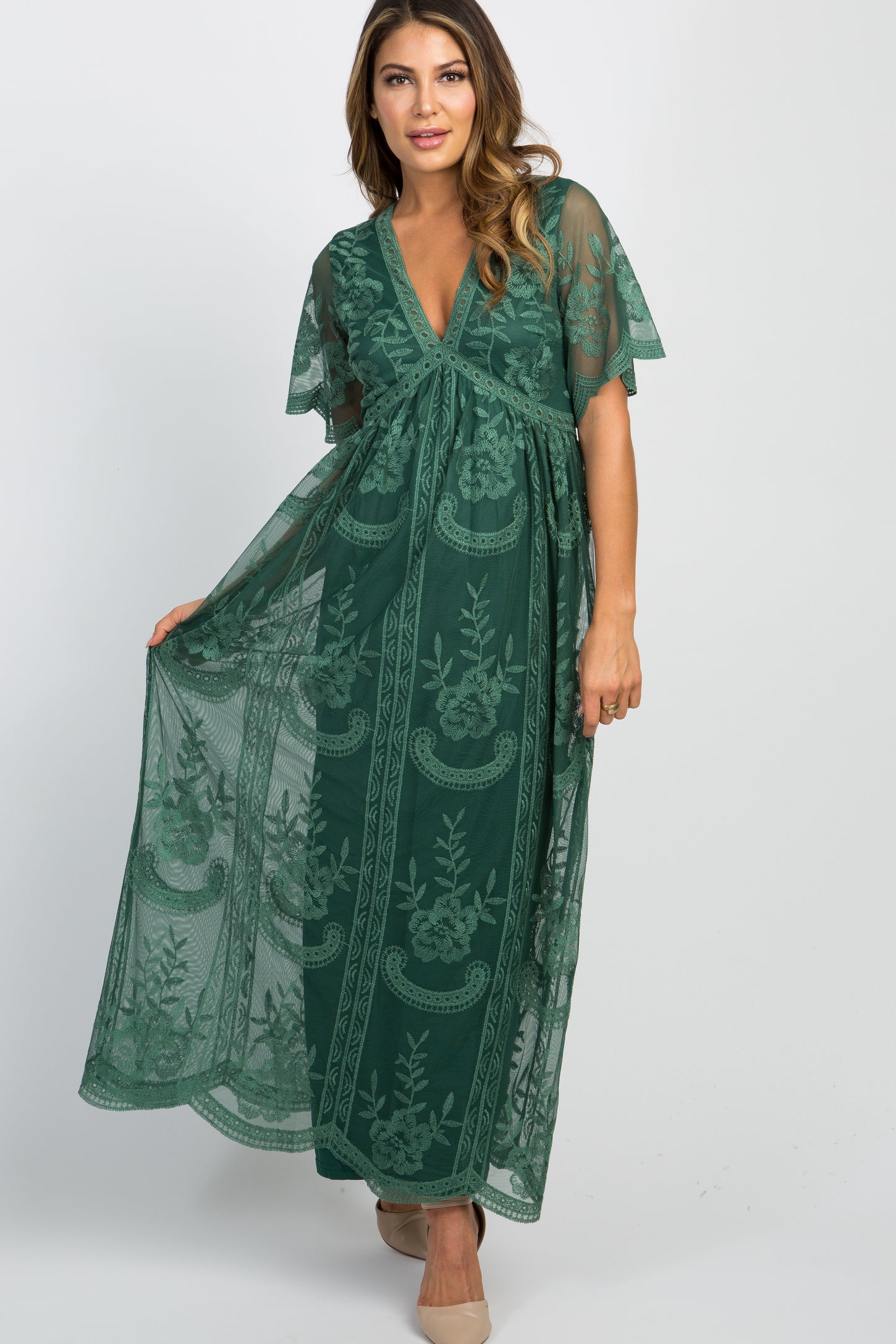 Teal Green Lace Mesh Overlay Maternity Maxi Dress