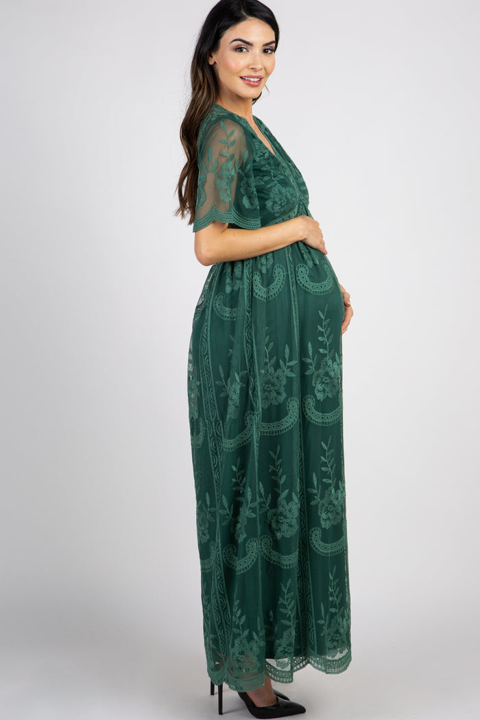 Teal Green Lace Mesh Overlay Maternity Maxi Dress