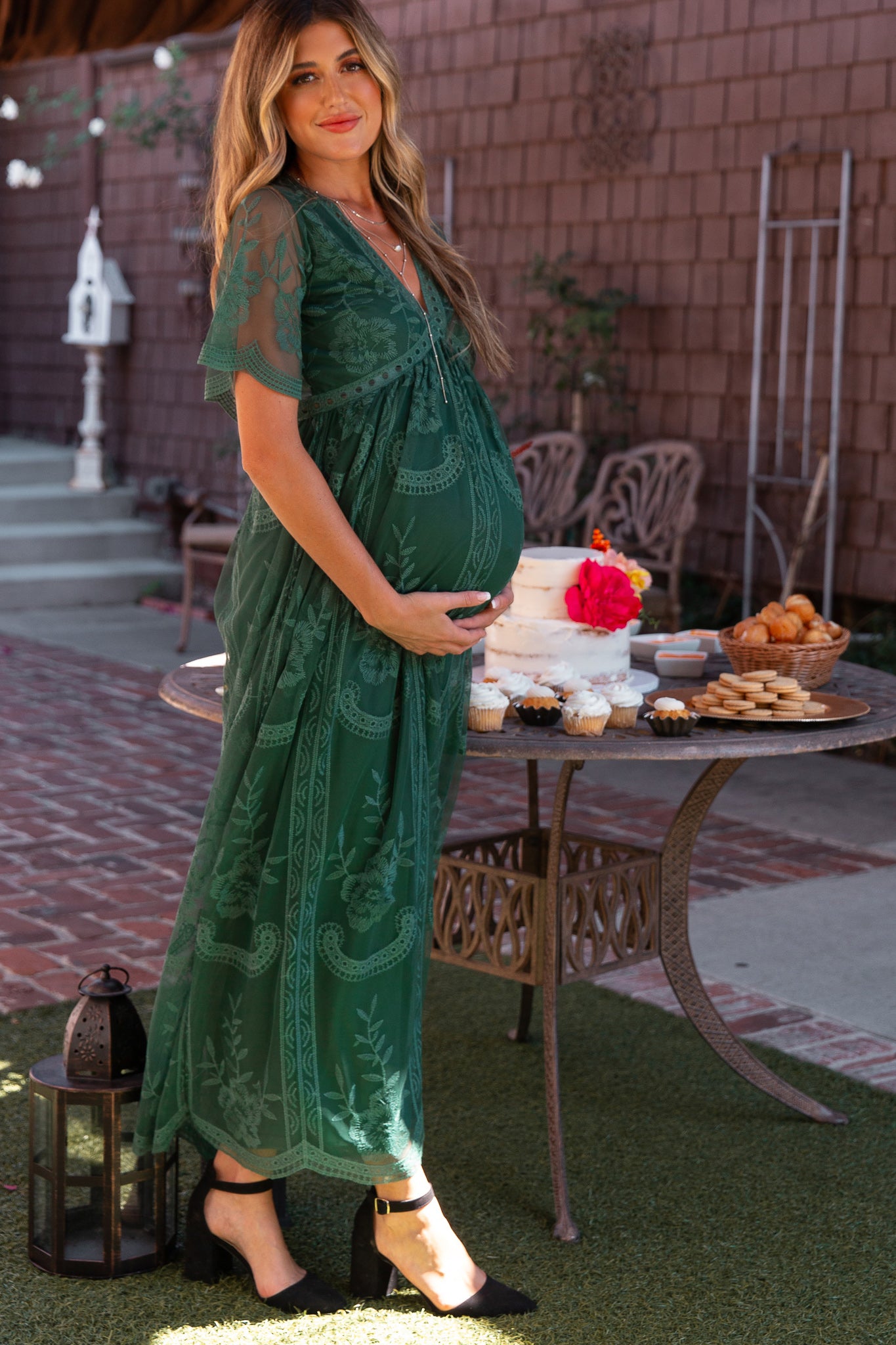 Teal Green Lace Mesh Overlay Maternity Maxi Dress