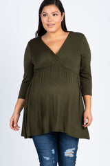 Olive Green Draped Front 3/4 Sleeve Maternity/Nursing Plus Top